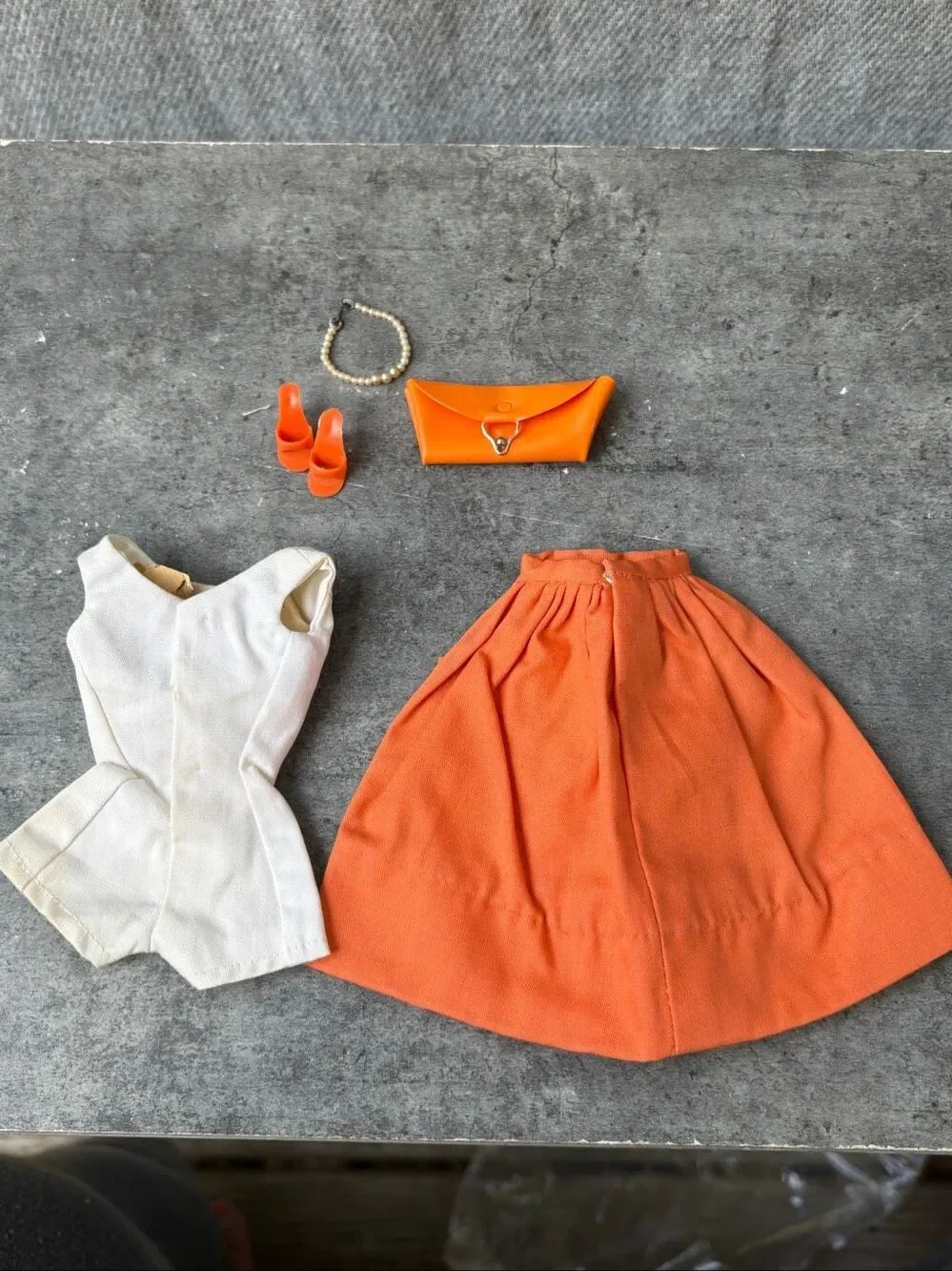 Vintage Barbie Mattel Orange Skirt White Top Shoes Purse Pearl Necklace Outfit L